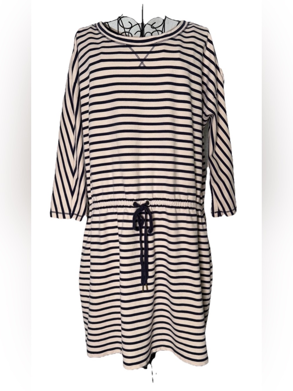 Loft Striped Drawstring 100% Cotton Dress Size XL Cream Navy Pockets 3/4 Sleeve